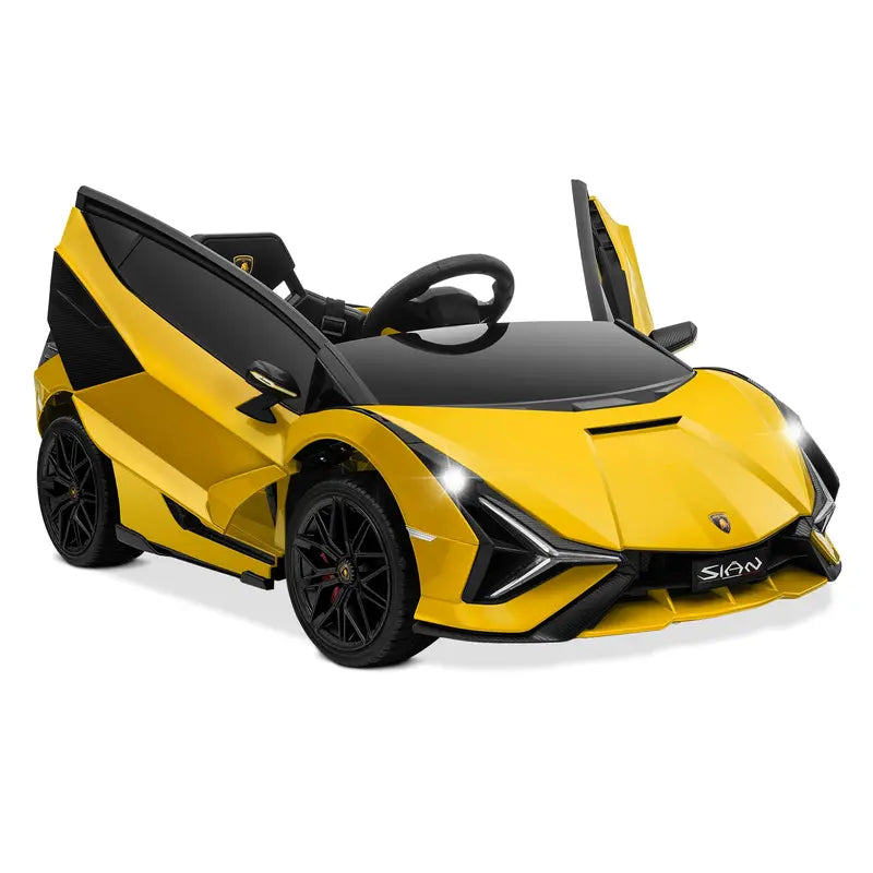 B07 PWOPWOE Kids Electric Ride on 12V Licensed Lamborghini Sian Roadster Battery Powered Sports Car Toy with 2 Speeds, Parent Control, Sound System, LED Headlights & Hydraulic Doors