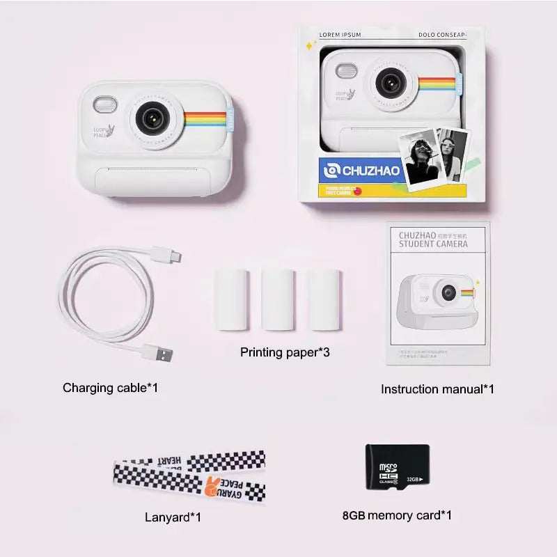 Children'S Polaroid Camera，Inkless Instant Print Camera 1080P, Digital Camera, with 8G Memory Card, Compact Portable Camera for Kids, Teenagers, and Beginners, Christmas Birthday Gift Durable