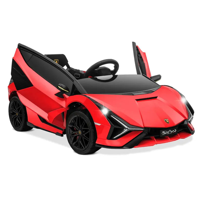 B07 PWOPWOE Kids Electric Ride on 12V Licensed Lamborghini Sian Roadster Battery Powered Sports Car Toy with 2 Speeds, Parent Control, Sound System, LED Headlights & Hydraulic Doors