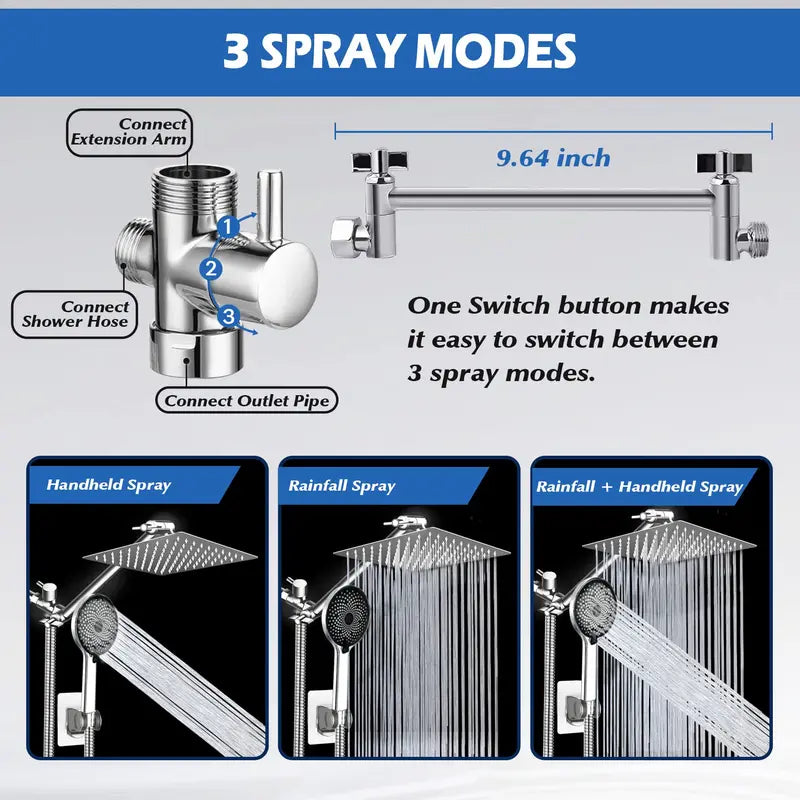 Shower Head, 8” Rain Shower Head with Handheld Spray Combo with 11'' Angle Adjustable Extension Arm/Flow Regulator/Shower System,High Pressure Rainfall Shower Head Clean Bathroom,Chrome Wall Mount Shower Heads Shower Equipment Showerhead Rainshower Head