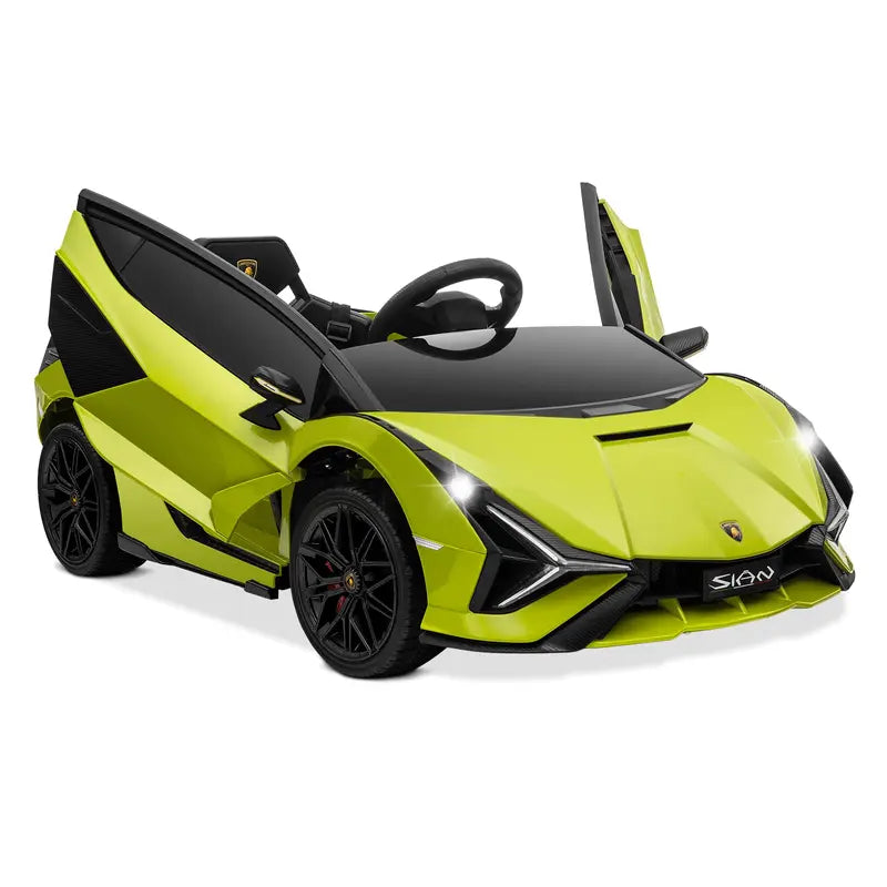 B07 PWOPWOE Kids Electric Ride on 12V Licensed Lamborghini Sian Roadster Battery Powered Sports Car Toy with 2 Speeds, Parent Control, Sound System, LED Headlights & Hydraulic Doors