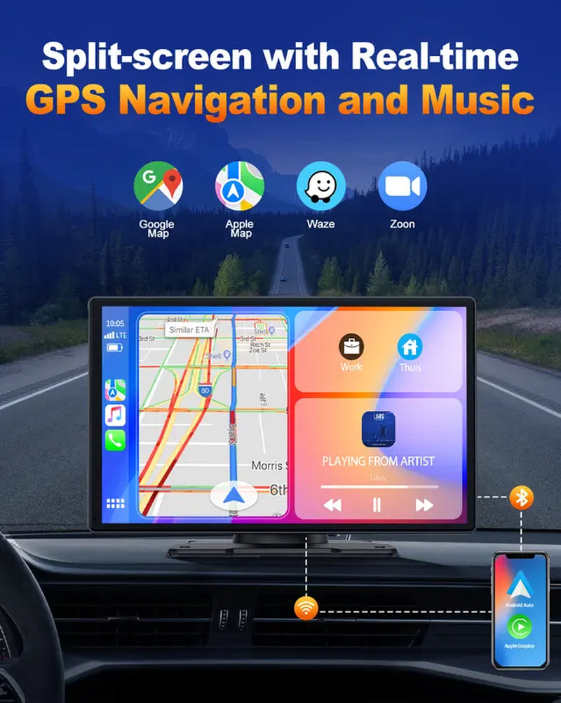 LAMTTO 9 Inch Portable Touch Screen GPS Navigation,Rc07,Wireless Car Stereo Carplay with 2.5K Dash Cam,1080P Backup Camera, Car Audio Receivers with Bluetooth,Android Auto,Mirror Link,Aux/Fm(Back to School Flash Sales)