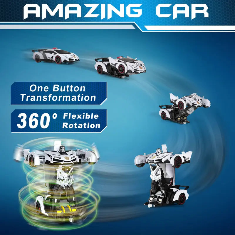 Remote Control Car - Transform Toys, 360 Degree Rotating Drifting Toys for Boys, One Button Deformation to Robot with Flashing Light, 2.4Ghz 1:18 Scale Transforming Police Boys Kids Toys Gift