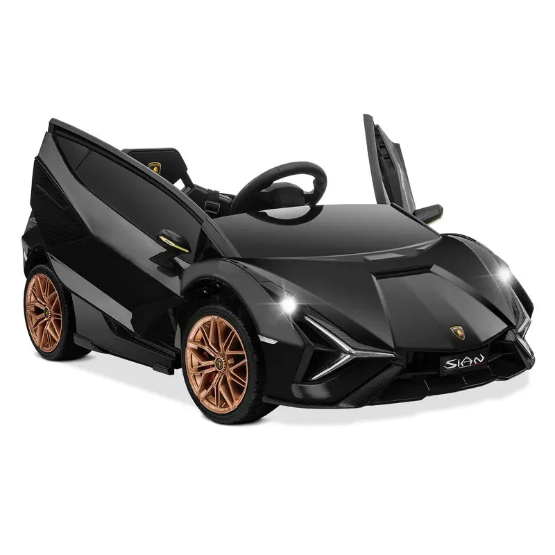 B07 PWOPWOE Kids Electric Ride on 12V Licensed Lamborghini Sian Roadster Battery Powered Sports Car Toy with 2 Speeds, Parent Control, Sound System, LED Headlights & Hydraulic Doors