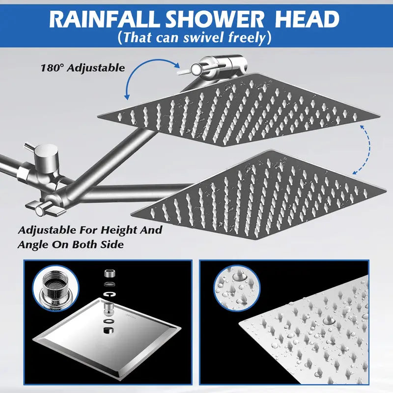 Shower Head, 8” Rain Shower Head with Handheld Spray Combo with 11'' Angle Adjustable Extension Arm/Flow Regulator/Shower System,High Pressure Rainfall Shower Head Clean Bathroom,Chrome Wall Mount Shower Heads Shower Equipment Showerhead Rainshower Head