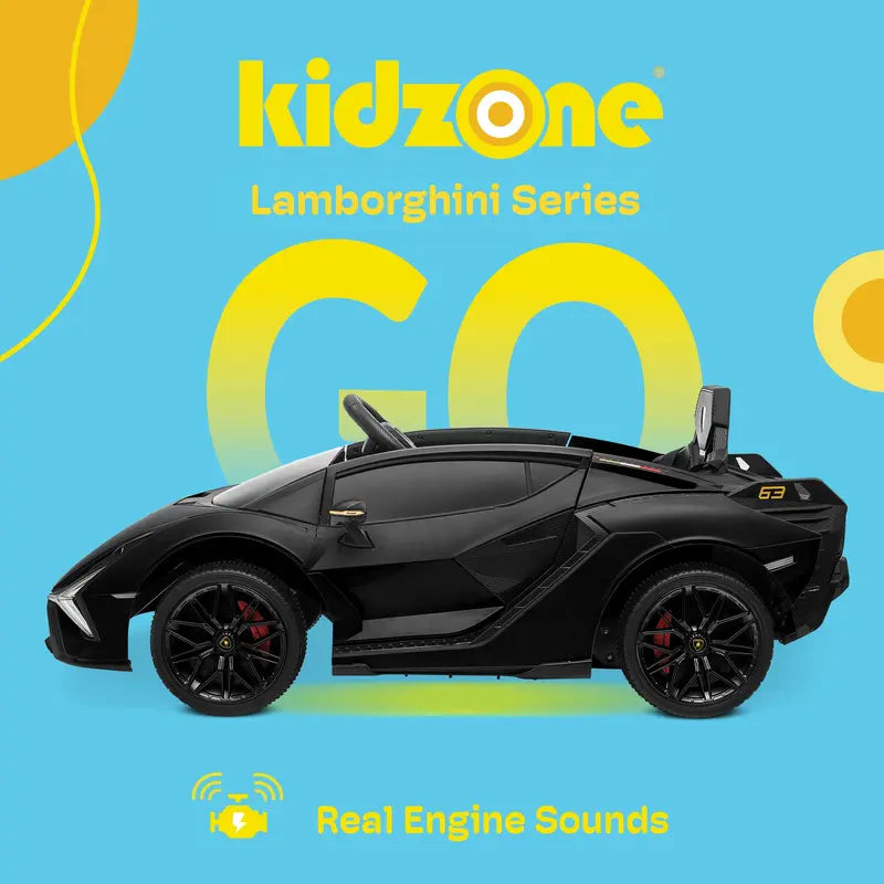 B07 PWOPWOE Kids Electric Ride on 12V Licensed Lamborghini Sian Roadster Battery Powered Sports Car Toy with 2 Speeds, Parent Control, Sound System, LED Headlights & Hydraulic Doors