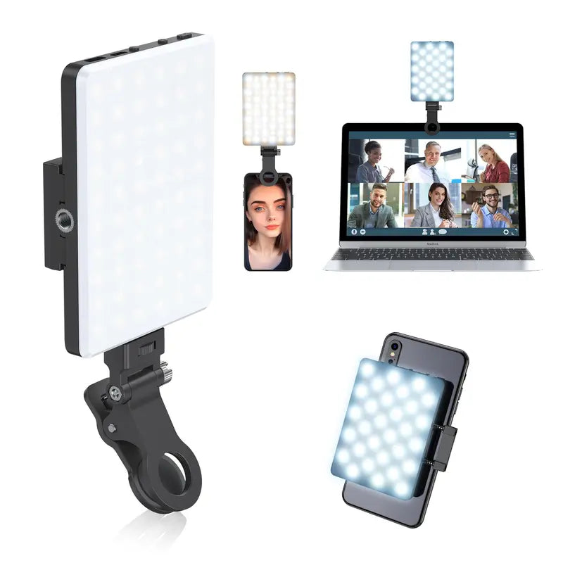 Portable LED Selfie Light with Front & Back Phone Clip, High Power 60 LED 2000MAH Rechargeable Camera Fill Light for Summer, 3 Light Modes Clip on Ring Light for Tablet/Laptop/Camera/Tripod, Zoom Call Video Fill Light for Camera Use, Back to School Gifts