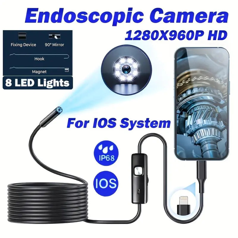 Multipurpose Industrial Endoscope for Cellphone Smartphone, 1 Count Waterproof Tube Sink Drain Pipe Mobile Camera with LED Light, HD Inspection Camera for Iphone & Ipad, Detecting Tools