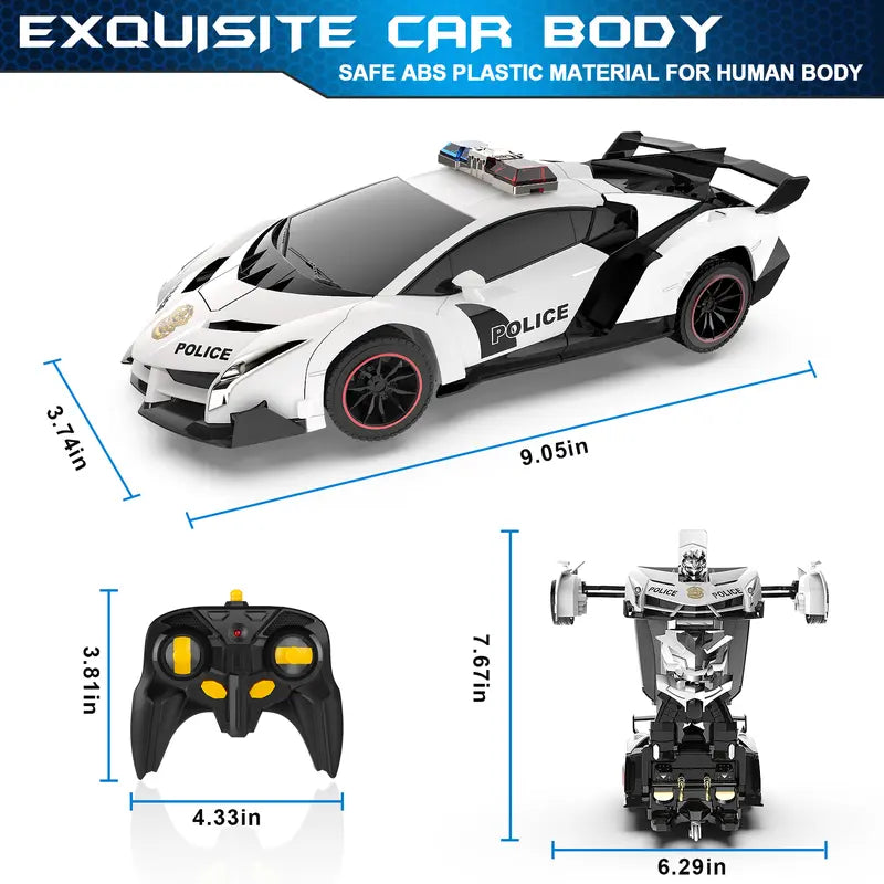 Remote Control Car - Transform Toys, 360 Degree Rotating Drifting Toys for Boys, One Button Deformation to Robot with Flashing Light, 2.4Ghz 1:18 Scale Transforming Police Boys Kids Toys Gift