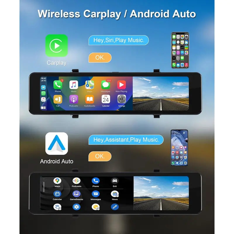 Wireless Apple Carplay Android Auto Dash Cam Mirror, Podofo 11.26” Rear View Mirror Camera Front and Rear for Car HD IPS Touch Screen Smart Rear View Mirror Backup Camera, Loop Recording,Tf Card