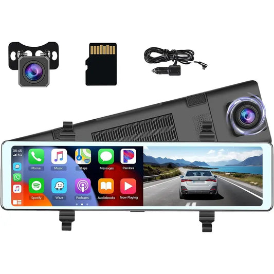 Wireless Apple Carplay Android Auto Dash Cam Mirror, Podofo 11.26” Rear View Mirror Camera Front and Rear for Car HD IPS Touch Screen Smart Rear View Mirror Backup Camera, Loop Recording,Tf Card