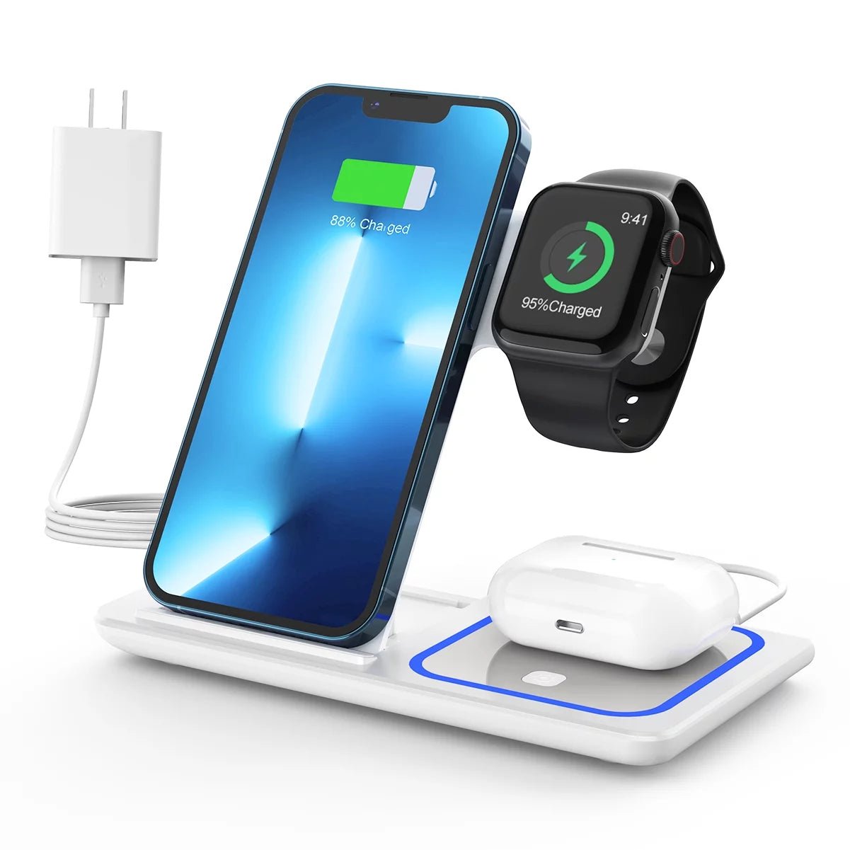 Wireless Charger, 3 in 1 Wireless Charging Station Dock with Breathing Indicator, Fast Charging Stand Compatible with Iphone 15/14/13/12/11 Pro Max/Xs, Apple Watch 8/7/6/5/4, Airpods 3/2/Pro