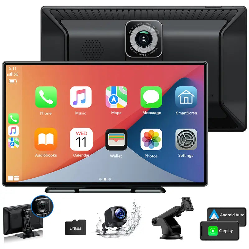 LAMTTO 9 Inch Portable Touch Screen GPS Navigation,Rc07,Wireless Car Stereo Carplay with 2.5K Dash Cam,1080P Backup Camera, Car Audio Receivers with Bluetooth,Android Auto,Mirror Link,Aux/Fm(Back to School Flash Sales)