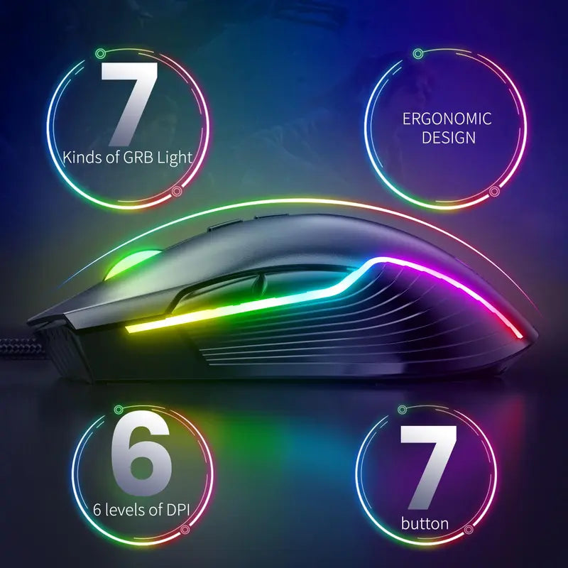 USB Wired Gaming Mouse with RGB Backlight for Gamer Accessories, CW905 Black 6400DPI Wired Mouse for Gaming Work Study, Portable Comfortable USB Game Mice for Home Office Desktop, Best Gaming Accessories Gifts for Gamers