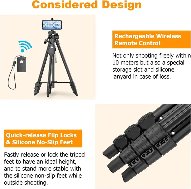 TONEOF Tripod Professional Camera Tripods with Quick-Release Plate, 60" Tripod for Camera & Cell Phone Tripod Stand with Remote&Travel Bag, Tripod with Mount for Phone/Camera/Projector/Webcams