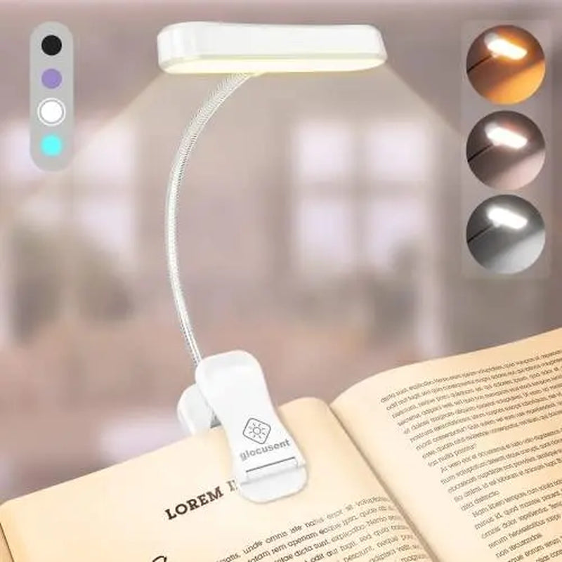 Glocusent Horizontal Et-Head Book Light for Reading in Bed, Eye Caring, CRI 95, 3 Colors & 5 Brightness, Rechargeable Long Lasting Reading Light, 1.4Oz Lightweight & Portable, Perfect for Book Lovers