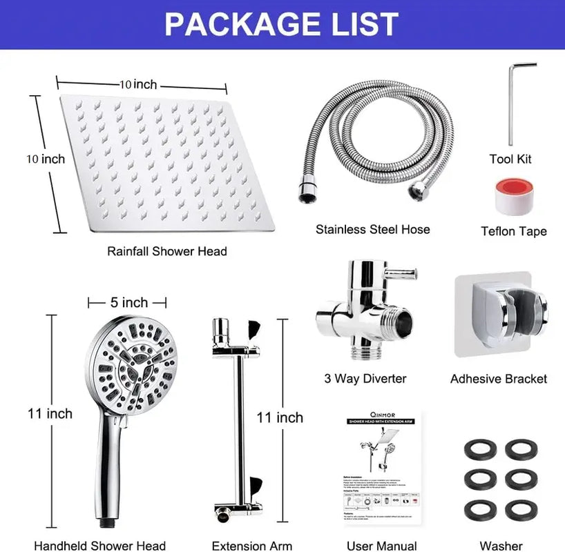 Shower Head Combo,10 Settings Handheld Filtered Shower Head/10" High Pressure Rain Shower Head with 11" Extension Arm, Bracket/Hose, Chrome