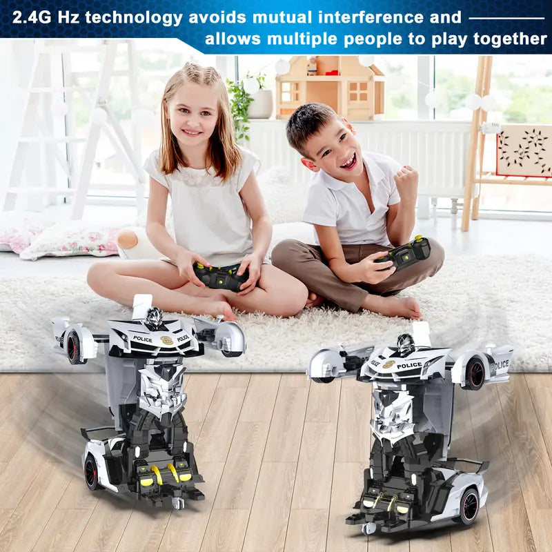 Remote Control Car - Transform Toys, 360 Degree Rotating Drifting Toys for Boys, One Button Deformation to Robot with Flashing Light, 2.4Ghz 1:18 Scale Transforming Police Boys Kids Toys Gift