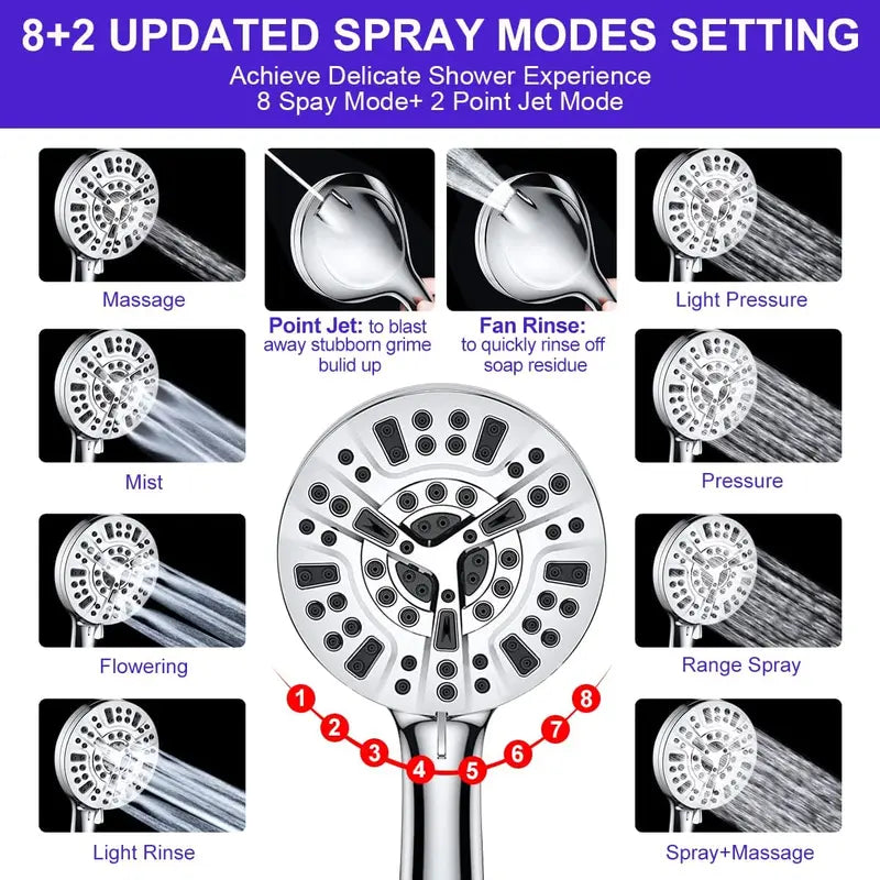 Shower Head Combo,10 Settings Handheld Filtered Shower Head/10" High Pressure Rain Shower Head with 11" Extension Arm, Bracket/Hose, Chrome