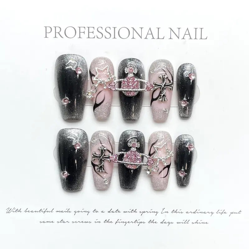 Press on Nails,Handmade,Trapezoid Fake Nails,French Tip,Black and Pink ,Nail Glitters,Nail Gems