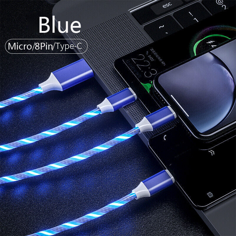 3 in 1 LED Fast Charging Cable Adapter for Iphone Micro USB Type C Charger Cord