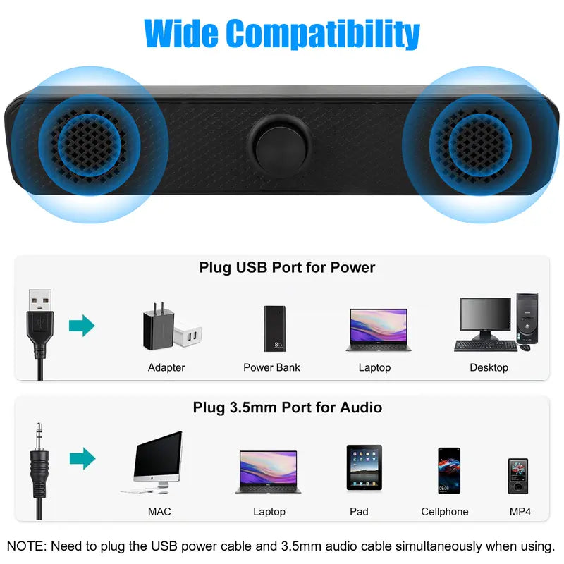 3.5Mm USB Wired Computer Speaker - Stereo Bass 2.0 Speakers with Volume Control for PC, Laptop, Desktop ,Stereo Audio