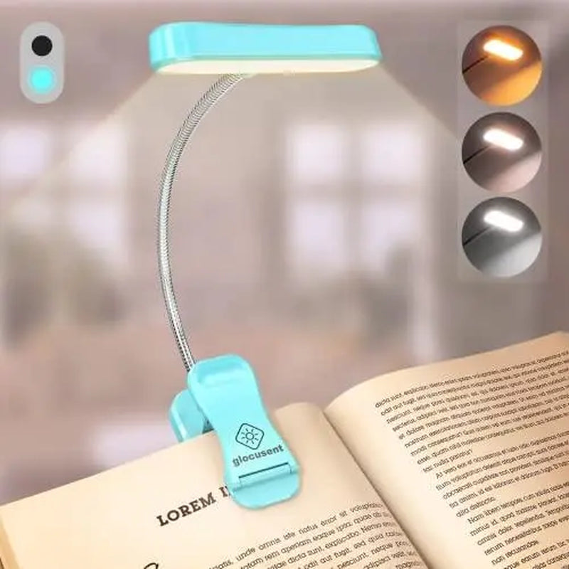 Glocusent Horizontal Et-Head Book Light for Reading in Bed, Eye Caring, CRI 95, 3 Colors & 5 Brightness, Rechargeable Long Lasting Reading Light, 1.4Oz Lightweight & Portable, Perfect for Book Lovers