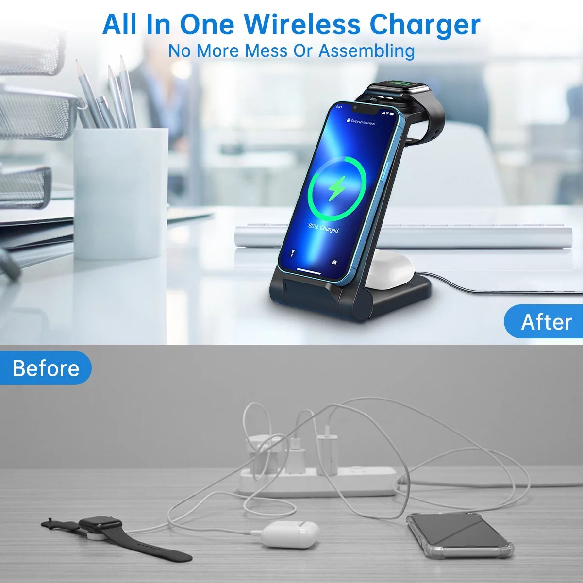 Wireless Charger, 23W 3 in 1 Wireless Charging Station, Fast Charging Dock for Iphone 15/14/13/12/11 Pro Max/X/Xs Max, Airpods 3/2/Pro, Iwatch Series 8/7/6/5/SE/4/3/2, Samsung Phones Charger Stand