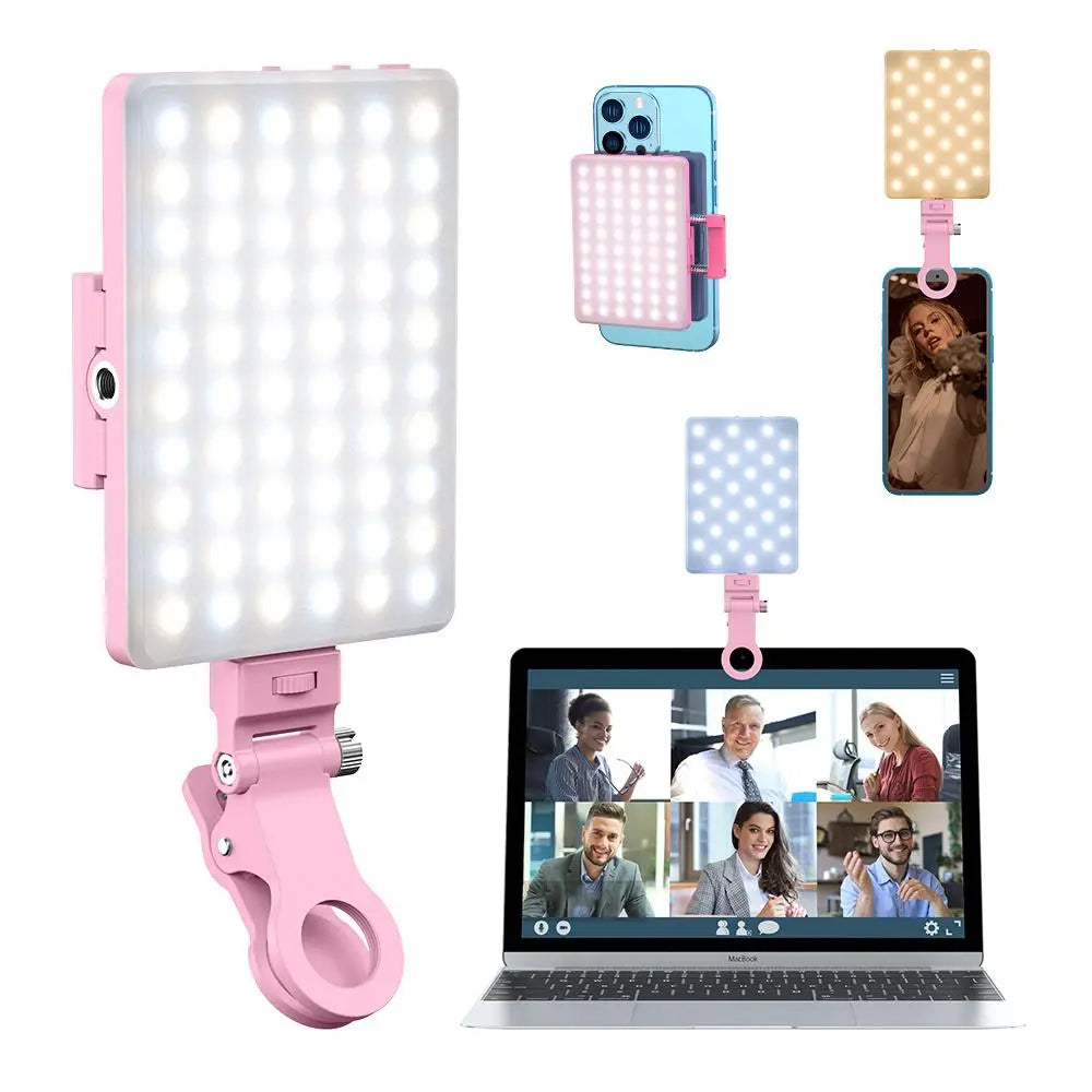 Portable LED Selfie Light with Front & Back Phone Clip, High Power 60 LED 2000MAH Rechargeable Camera Fill Light for Summer, 3 Light Modes Clip on Ring Light for Tablet/Laptop/Camera/Tripod, Zoom Call Video Fill Light for Camera Use, Back to School Gifts