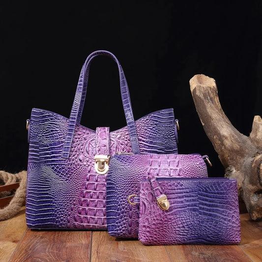 Women'S Elegant Retro Crocodile Embossed Tote Bag Set, Summer Beach Essentials, Trendy Ombre Large Handbag & Cosmetic Bag & Square Purse , Fashion Bag Set for Daily Use