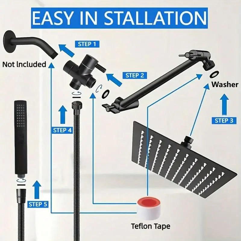 Shower Equipment Set, Including Rain Shower Head & Handheld Shower Head & 11 Inch Arm & Bracket & Hose & Washer & Diverter