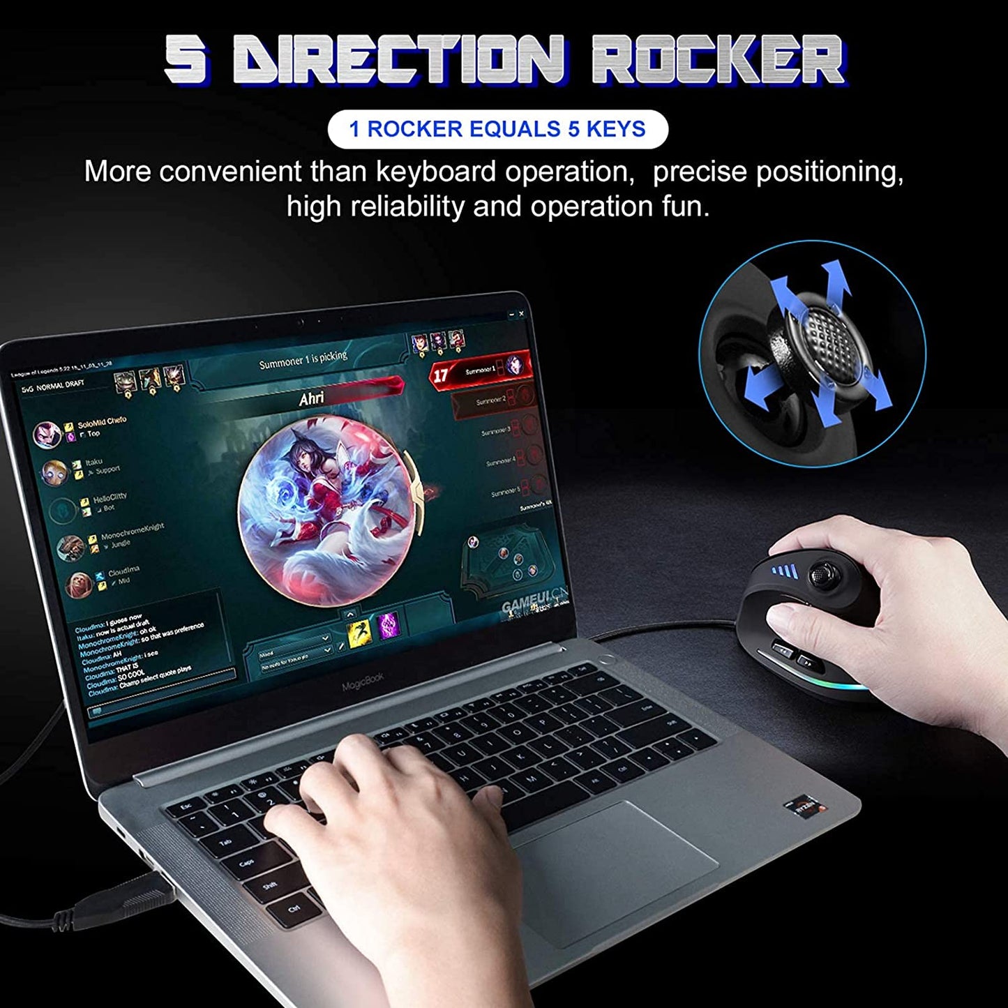 Gaming Mouse with 5 D Rocker, Ergonomic Mouse with 10000 DPI/11 Programmable Buttons, RGB Vertical Gaming Mice Wired for Pc/Laptop/E-Sports/Gamer (Black)