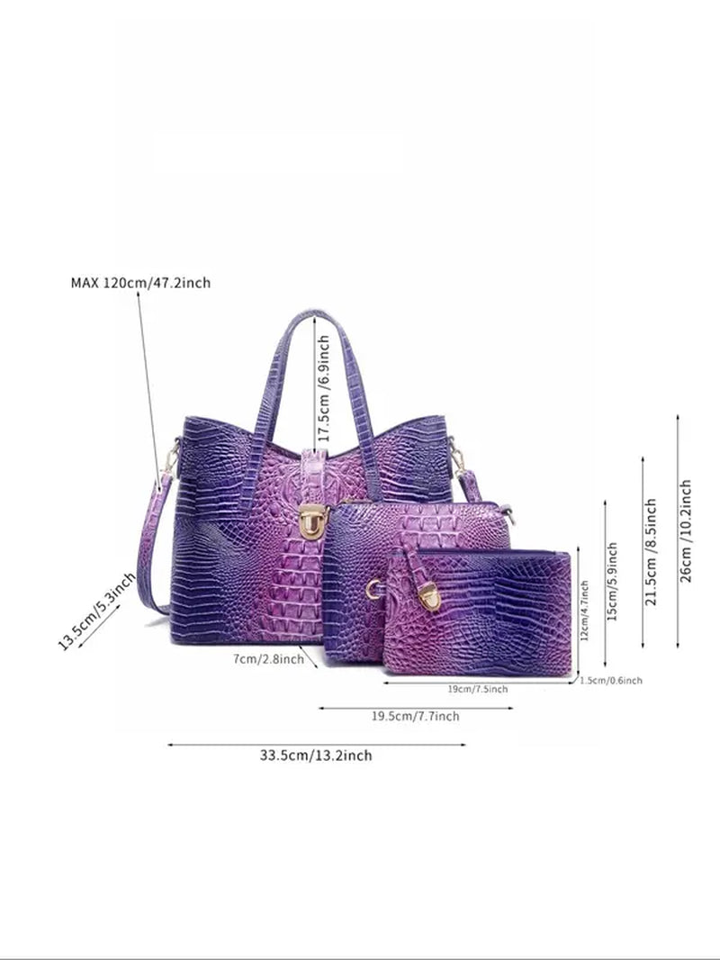 Women'S Elegant Retro Crocodile Embossed Tote Bag Set, Summer Beach Essentials, Trendy Ombre Large Handbag & Cosmetic Bag & Square Purse , Fashion Bag Set for Daily Use