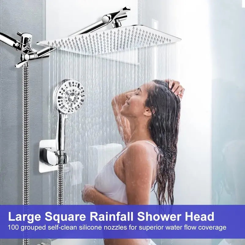 Shower Head Combo,10 Settings Handheld Filtered Shower Head/10" High Pressure Rain Shower Head with 11" Extension Arm, Bracket/Hose, Chrome