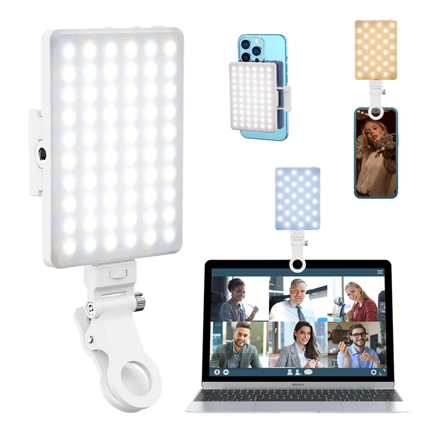 Portable LED Selfie Light with Front & Back Phone Clip, High Power 60 LED 2000MAH Rechargeable Camera Fill Light for Summer, 3 Light Modes Clip on Ring Light for Tablet/Laptop/Camera/Tripod, Zoom Call Video Fill Light for Camera Use, Back to School Gifts