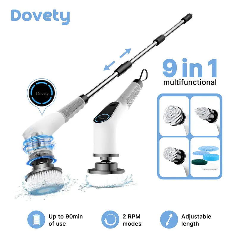 Dovety Electric Spin Scrubber, 8 Replacement Head, 2 Adjustable Speed, Multifunctional Cordless Cleaning Brush, Power Cleaning Brush with Extension Handle,Fast Charge, for Bathroom Shower Tub, Tile, Toilet, Floor, Household Cleaning Supplies,Window Sink