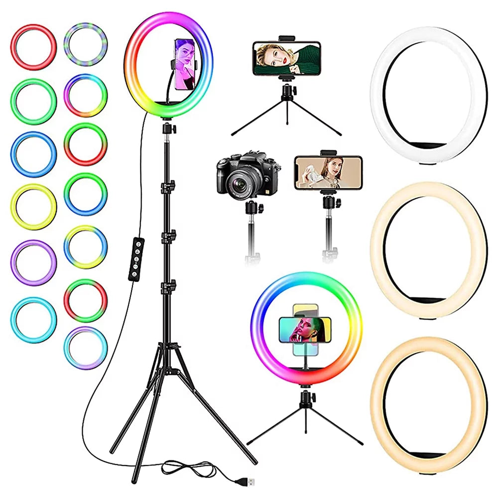 13" RGB Selfie Ring Light W/ Tripod Stand & Phone Holder 26 Modes 10 Brightness Level 120 LED Bulbs Dimmable Selfie Ringlight for Live Stream Makeup Youtube Video Photography Shooting