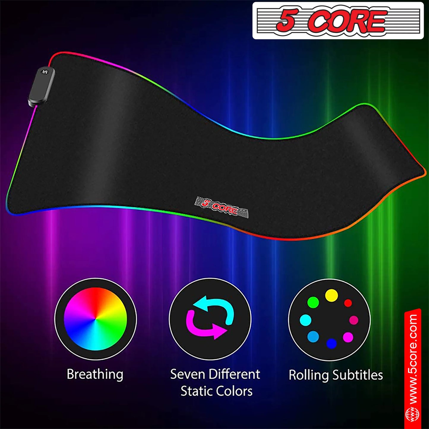 5Core RGB Mouse Pad 12 Light Modes High-Performance Soft Padded Large Gaming Keyboard Mouse Mat