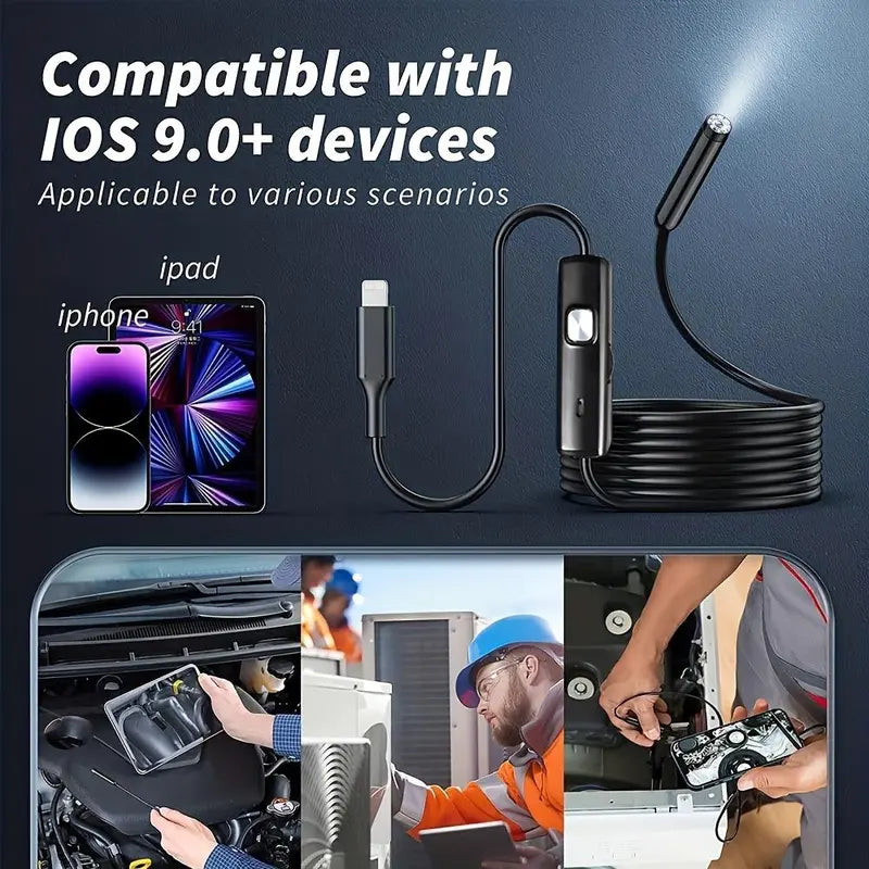 Multipurpose Industrial Endoscope for Cellphone Smartphone, 1 Count Waterproof Tube Sink Drain Pipe Mobile Camera with LED Light, HD Inspection Camera for Iphone & Ipad, Detecting Tools