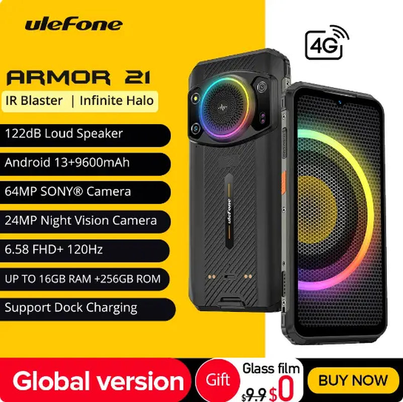 Ulefone Armor 21 Unlocked Rugged Phone，122Db Loudest Speaker Android 13 , MTK G99 16GB RAM(8GB+8GB Virtual RAM) + 256GB ROM Outdoor Rugged Smartphone,64Mp Main Cam + 24MP Night Vision Cam, 6.58" FHD+, 9600Mah, IP68 Dual SIM