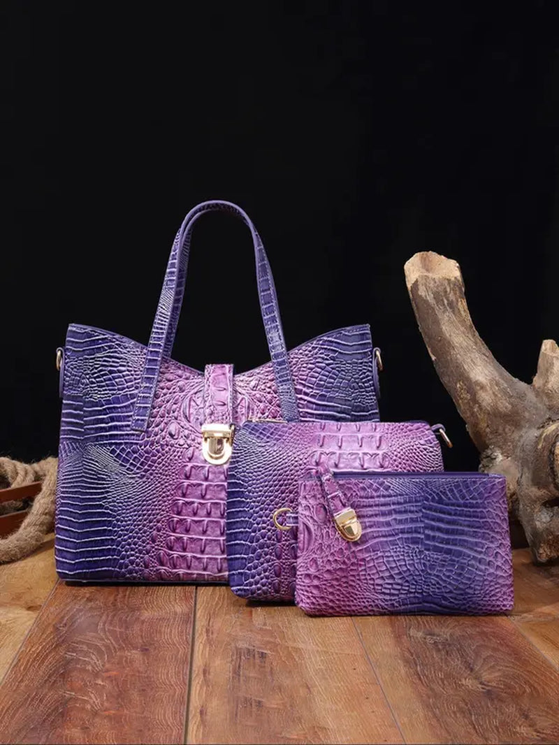 Women'S Elegant Retro Crocodile Embossed Tote Bag Set, Summer Beach Essentials, Trendy Ombre Large Handbag & Cosmetic Bag & Square Purse , Fashion Bag Set for Daily Use