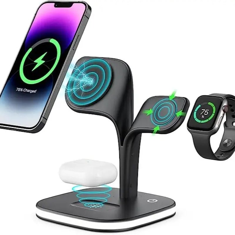 5 in 1 Wireless Charging Station,Magnetic Fast Charger Stand for Multiple Devices,Magsafe Charger for Iphone 15/14/13/12 Series,Apple Watches&Airpods with LED Light 18W Adapter,Smartphone Fast Charger Wireless,Folding Charger Electronic Cellphone