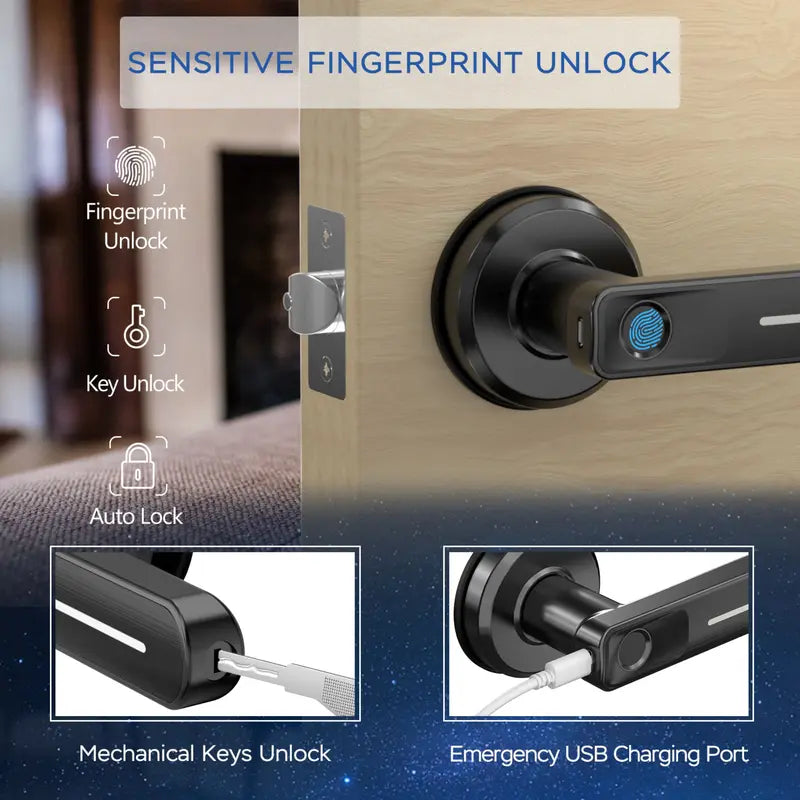 Geektale Fingerprint Door Lock, Fingerprint Door Lock with App, Smart Door Handle Fingerprint Door Knob Door Levers for Bedroom,Office,Apartments,Hotels