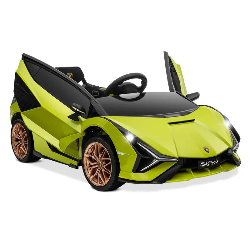 B07 PWOPWOE Kids Electric Ride on 12V Licensed Lamborghini Sian Roadster Battery Powered Sports Car Toy with 2 Speeds, Parent Control, Sound System, LED Headlights & Hydraulic Doors