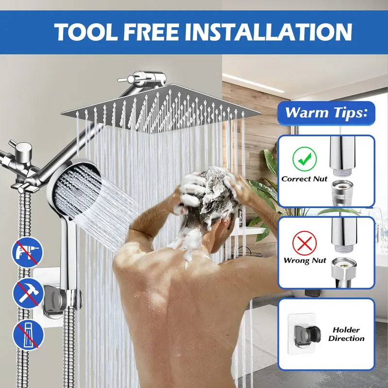 Shower Head, 8” Rain Shower Head with Handheld Spray Combo with 11'' Angle Adjustable Extension Arm/Flow Regulator/Shower System,High Pressure Rainfall Shower Head Clean Bathroom,Chrome Wall Mount Shower Heads Shower Equipment Showerhead Rainshower Head