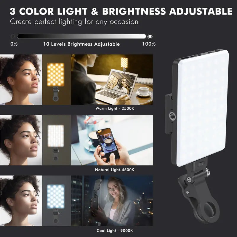 Portable LED Selfie Light with Front & Back Phone Clip, High Power 60 LED 2000MAH Rechargeable Camera Fill Light for Summer, 3 Light Modes Clip on Ring Light for Tablet/Laptop/Camera/Tripod, Zoom Call Video Fill Light for Camera Use, Back to School Gifts