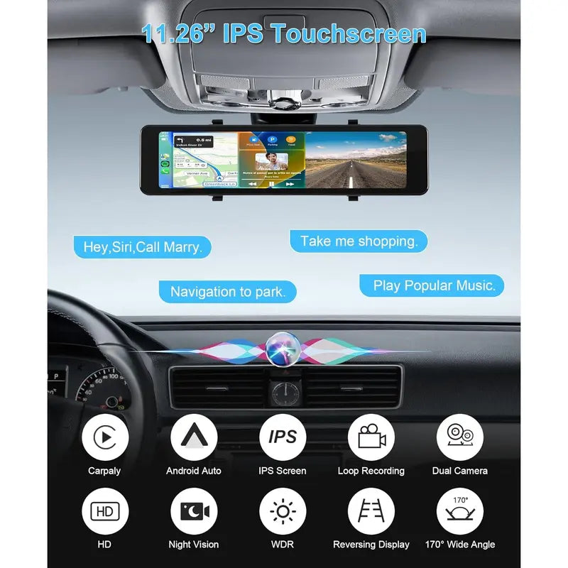 Wireless Apple Carplay Android Auto Dash Cam Mirror, Podofo 11.26” Rear View Mirror Camera Front and Rear for Car HD IPS Touch Screen Smart Rear View Mirror Backup Camera, Loop Recording,Tf Card