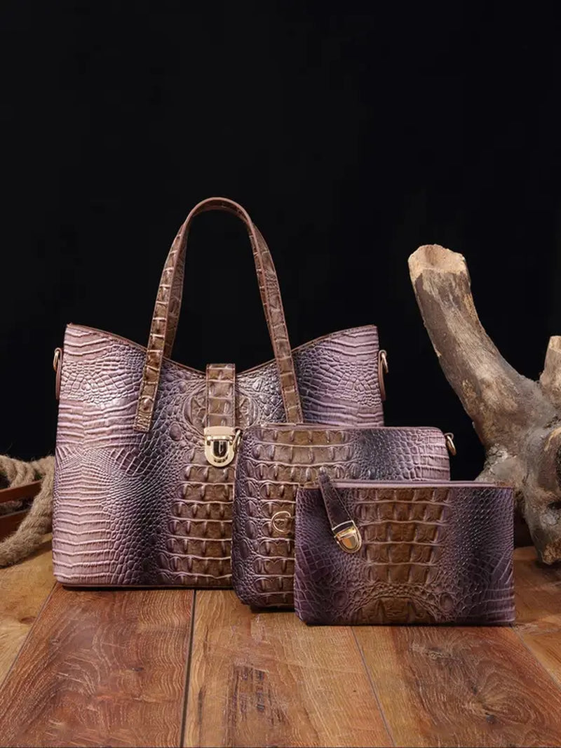 Women'S Elegant Retro Crocodile Embossed Tote Bag Set, Summer Beach Essentials, Trendy Ombre Large Handbag & Cosmetic Bag & Square Purse , Fashion Bag Set for Daily Use