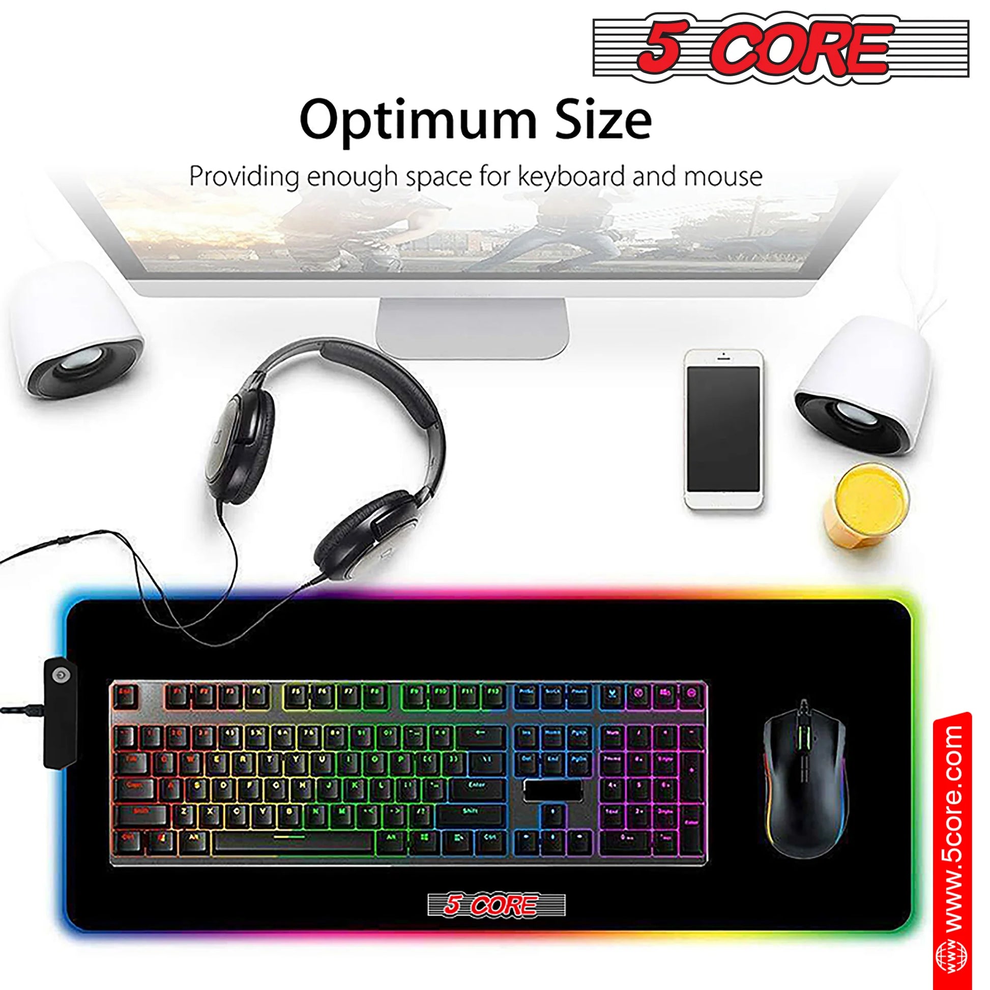 5Core RGB Mouse Pad 12 Light Modes High-Performance Soft Padded Large Gaming Keyboard Mouse Mat