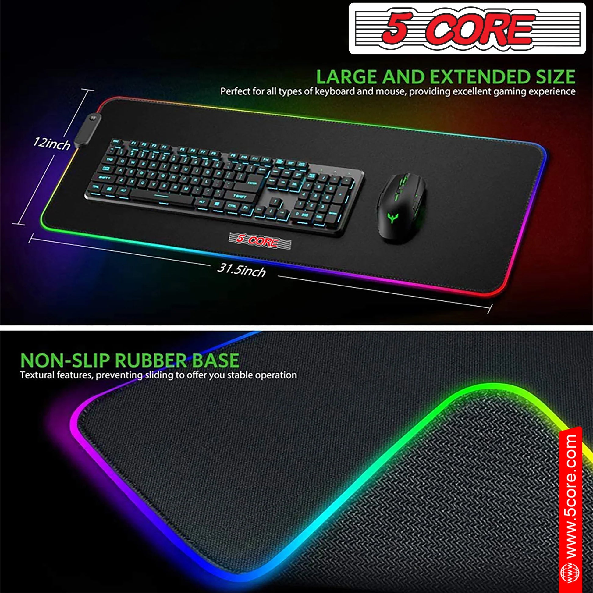 5Core RGB Mouse Pad 12 Light Modes High-Performance Soft Padded Large Gaming Keyboard Mouse Mat